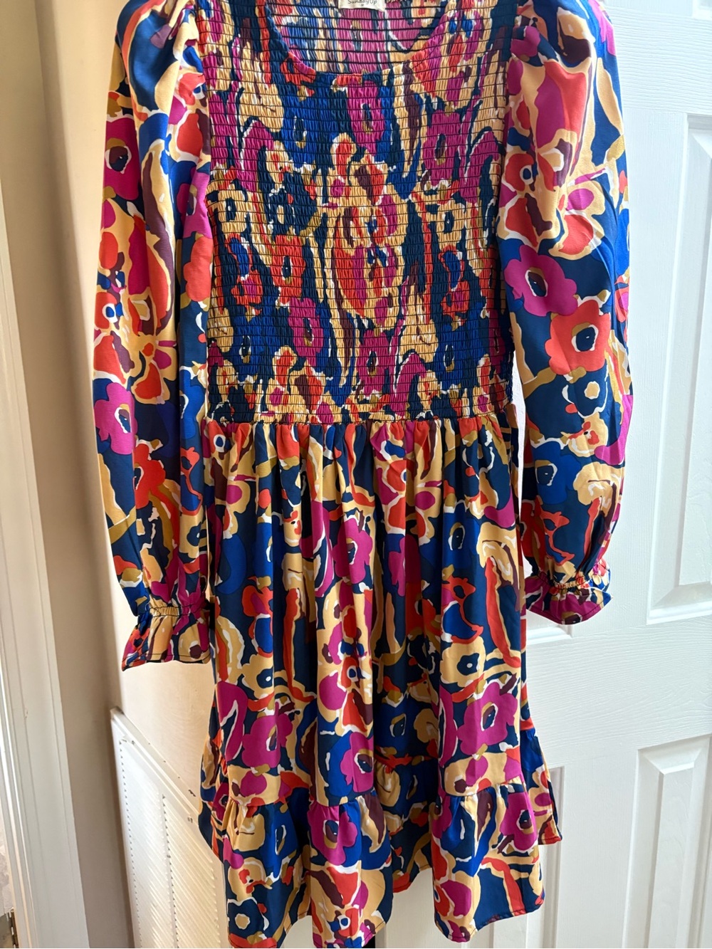Sunday Multicolor Floral Smocked Long-Sleeve Dress — Blue, Pink, Gold
